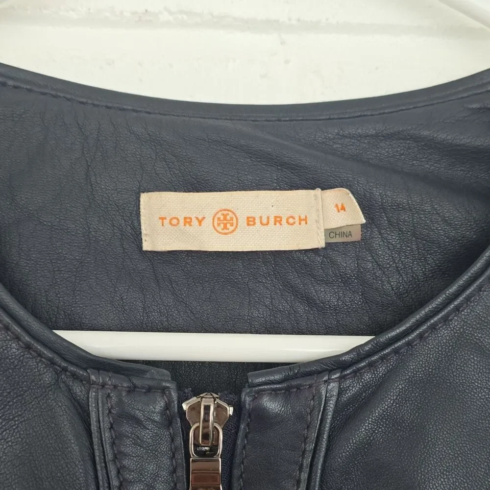 Tory Burch Leather Biker Jacket Cropped Navy Size 14